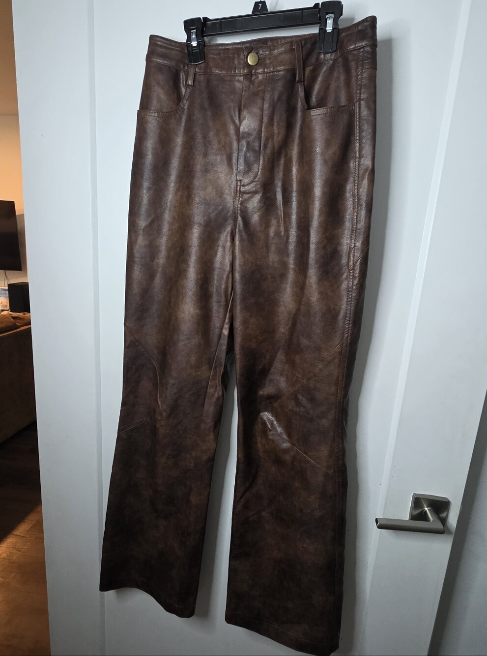 12th Tribe Brown Distressed Faux Leather Wide Leg Pants